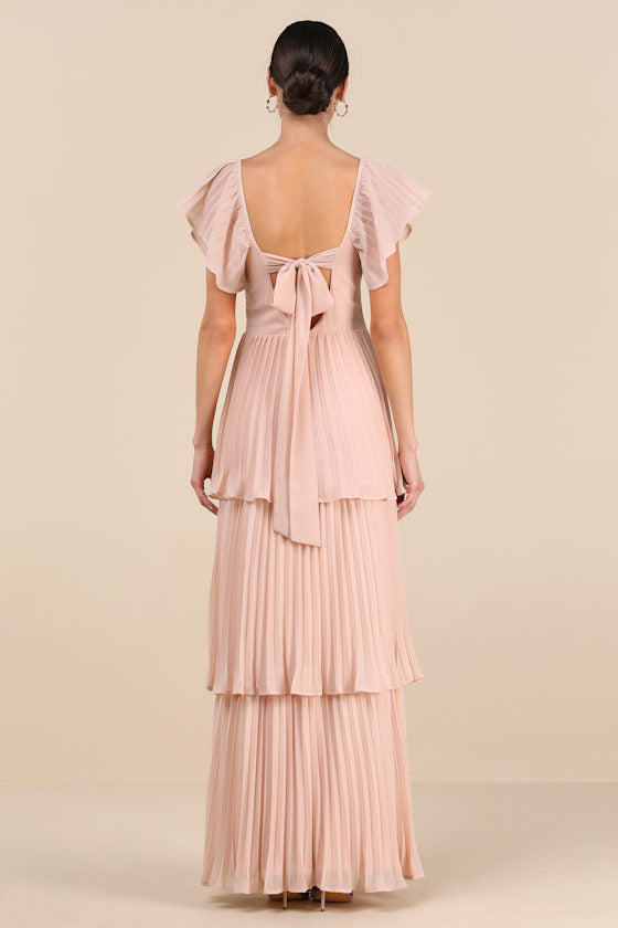 Notorious Charm Blush Pleated Flutter Sleeve Maxi Dress