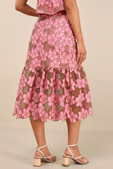 Quintessa Pink Floral Crochet Lace Tiered Midi Skirt