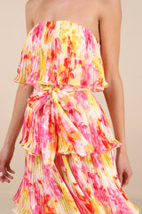 Nessa Yellow and Pink Abstract Plisse Tiered Midi Dress