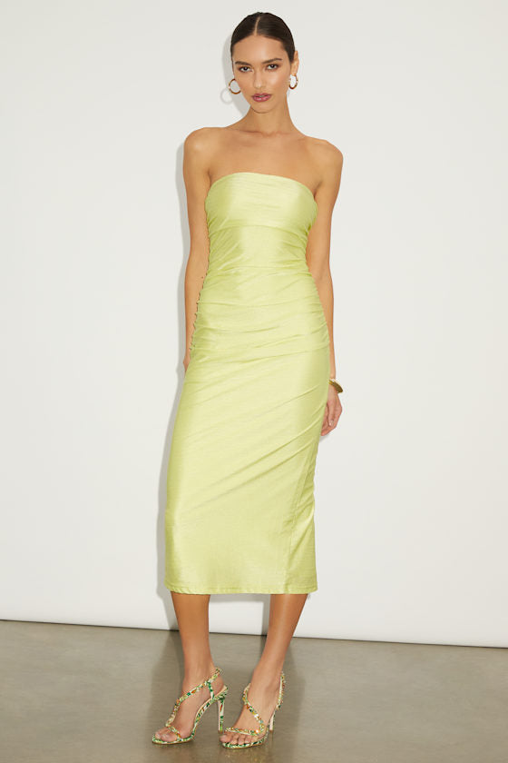 Gorgeous Reputation Lime Green Strapless Ruched Midi Dress