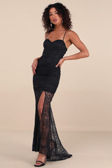 Hespera Black Lace Ruched Bustier Mermaid Maxi Dress
