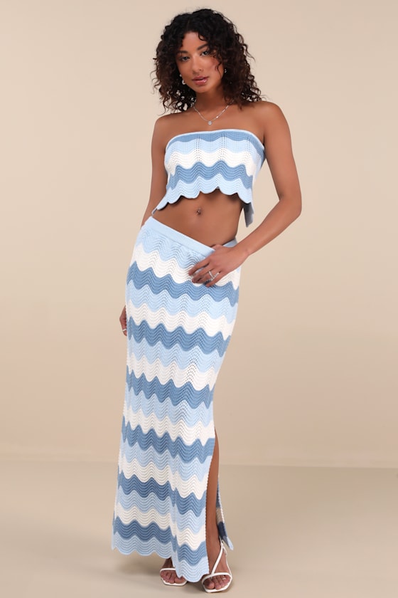 Sandro Blue Multi Crochet Maxi Skirt