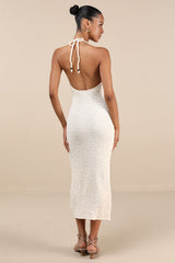 Meike Cream Textured Knit Beaded Halter Midi Dress