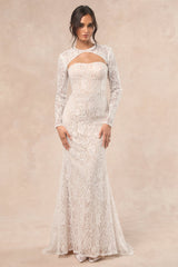 Neska White and Beige Lace Maxi Dress and Shrug Set
