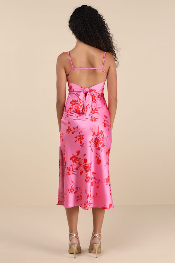 Glamorous Efforts Hot Pink Floral Print Tie-Back Midi Dress