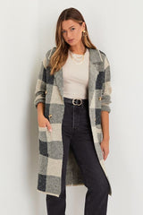Cuddle Club Beige and Black Plaid Long Sleeve Coatigan