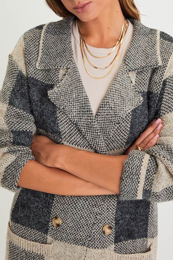 Cuddle Club Beige and Black Plaid Long Sleeve Coatigan