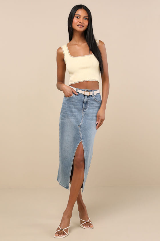 Josepha Light Yellow Ribbed Knit Ruffled Crop Tank Top
