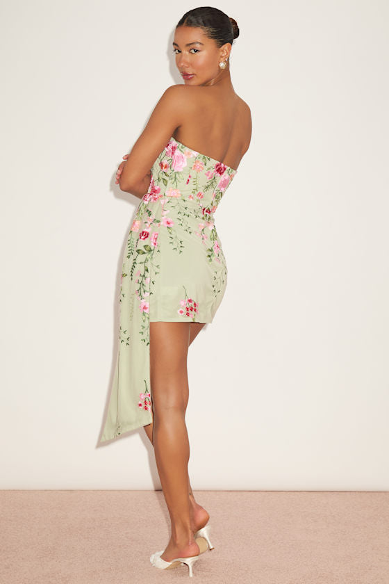 Aritz Sage Green Embroidered Sash Strapless Mini Dress