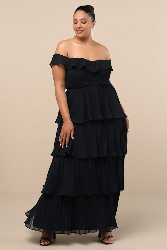 Always Remarkable Black Pleated Off-the-Shoulder Maxi Dress
