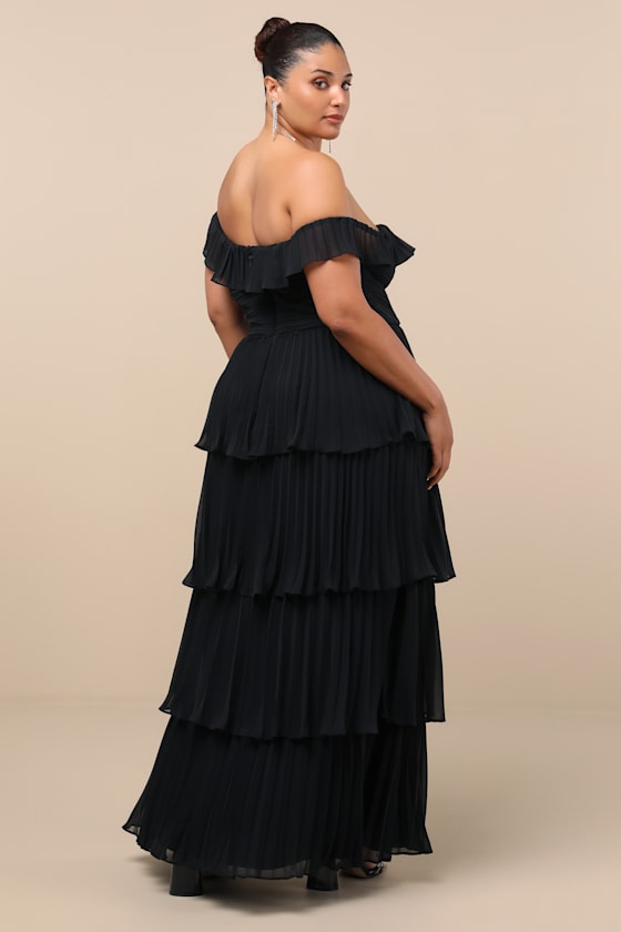 Always Remarkable Black Pleated Off-the-Shoulder Maxi Dress
