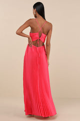 Dreaming in Color Coral V-Neck Pleated Satin Maxi Dress