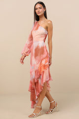 Faria Peach Multi Abstract Metallic Clip Dot Midi Dress