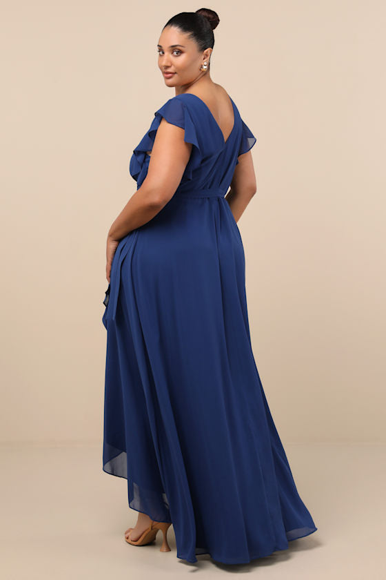 Ravishing Charm Dark Blue Ruffled Wrap High-Low Maxi Dress
