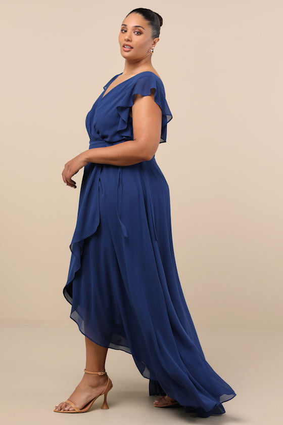 Ravishing Charm Dark Blue Ruffled Wrap High-Low Maxi Dress