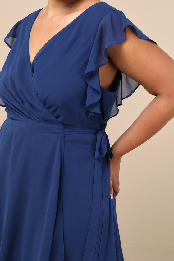 Ravishing Charm Dark Blue Ruffled Wrap High-Low Maxi Dress