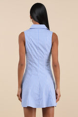 Zenley Blue Striped Collared Skater Mini Dress