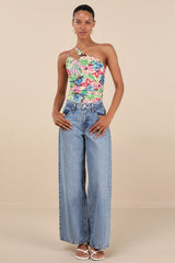 Anahera Green Floral Mesh Cutout One-Shoulder Bodysuit