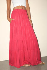 Sunset by the Sea Coral Red Embroidered Tiered Maxi Skirt
