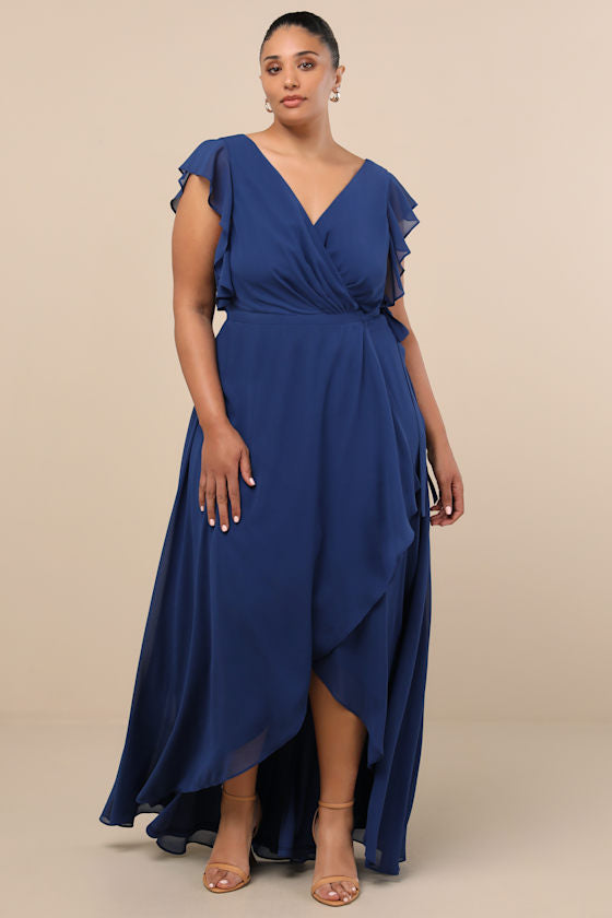 Ravishing Charm Dark Blue Ruffled Wrap High-Low Maxi Dress