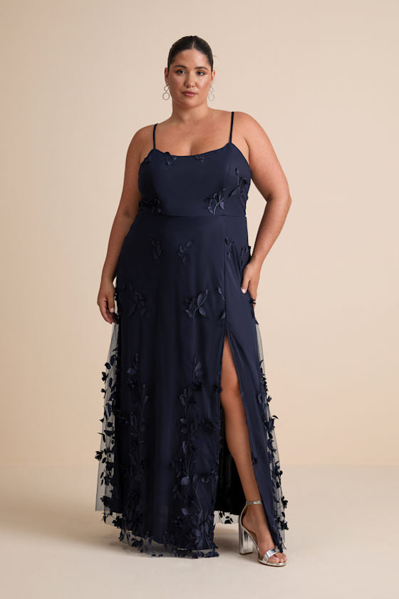Abundant Charm Navy Blue 3D Floral Applique Maxi Dress