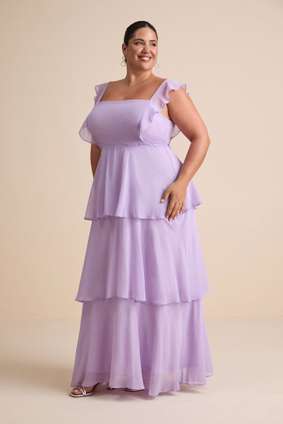Elegant Event Lavender Ruffled Tie-Back Tiered Maxi Dress