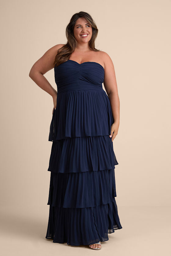 Seriously Sensational Navy Blue Strapless Tiered Maxi Dress