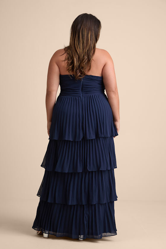 Seriously Sensational Navy Blue Strapless Tiered Maxi Dress