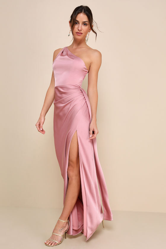 Signature Elegance Rose Satin One-Shoulder Maxi Dress