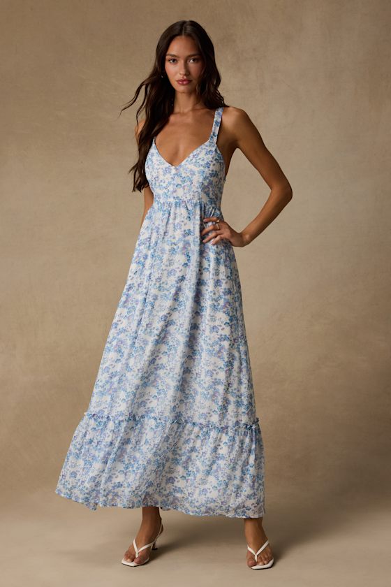 My Love Story White Floral Print Tie-Back Maxi Dress