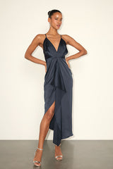 Caught Feelings Navy Blue Satin Ruffled Midi Dress