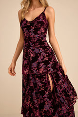 I Love You Amore Plum Purple Floral Velvet Tiered Maxi Dress