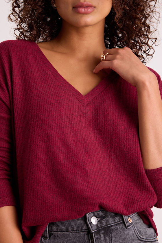 Just Vibing Wine Red Ribbed V-Neck Sweater Top