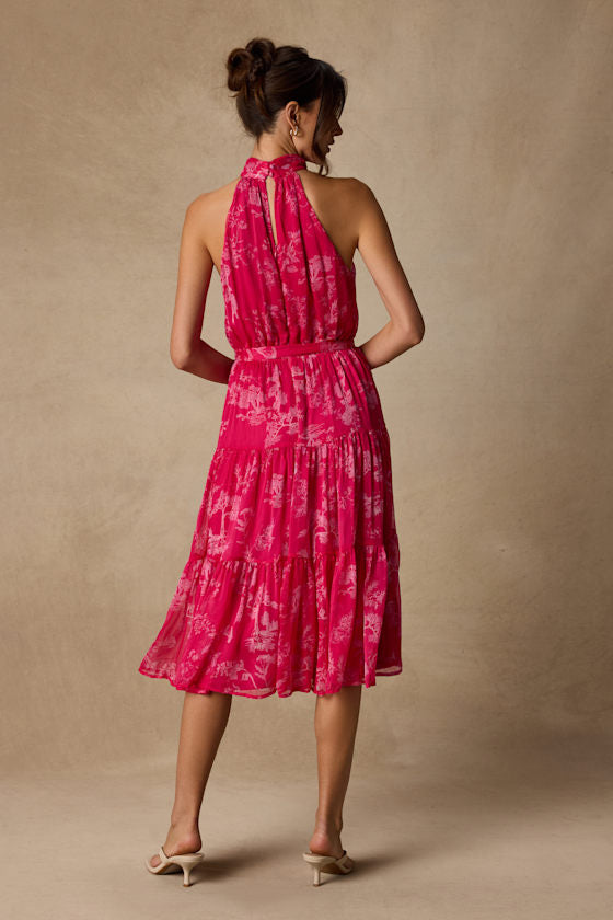 Float to You Hot Pink Floral Print Halter-Neck Tiered Midi Dress