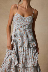 Cascading Crush Pale Blue Floral Print Tiered Bustier Midi Dress