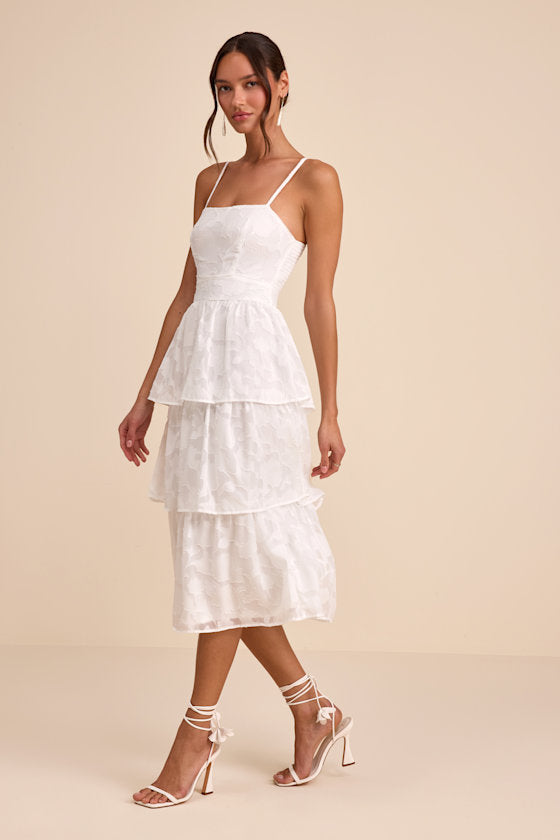 Grace and Beauty White Burnout Floral Print Tiered Dress
