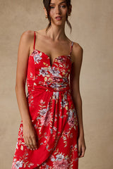 My Favorite Day Red Floral Print Tulip Skirt Midi Dress