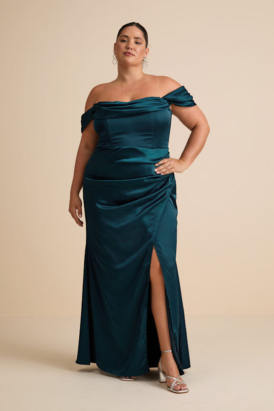 Stunning Arrival Dark Teal Satin Off-The-Shoulder Maxi Dress