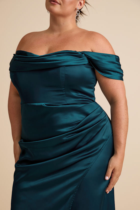 Stunning Arrival Dark Teal Satin Off-The-Shoulder Maxi Dress