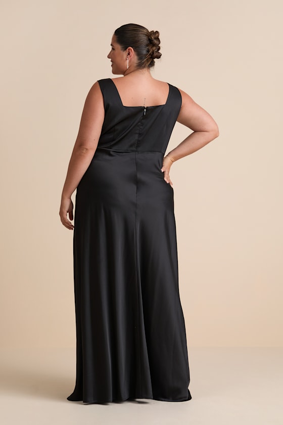 Red Carpet Romance Black Satin Square Neck Maxi Dress