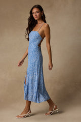 Charming Dedication Blue Floral Sleeveless Lace-Up Midi Dress