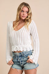 Casual Concept White Knit Drawstring Cropped Sweater Top