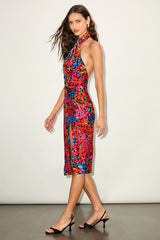 Bold Presence Black and Red Multi Floral Satin Halter Midi Dress
