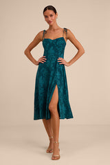 Loveliest Looks Emerald Green Jacquard Tie-Strap Midi Dress