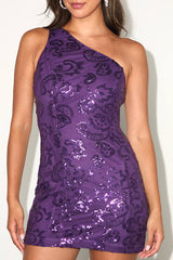 Glittery Beauty Purple Sequin One-Shoulder Mini Dress