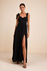 Radiant Charisma Black Chiffon Ruched Tie-Strap Maxi Dress