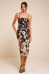 Thriving Energy Black 3D Floral Embroidered Lace-Up Midi Dress