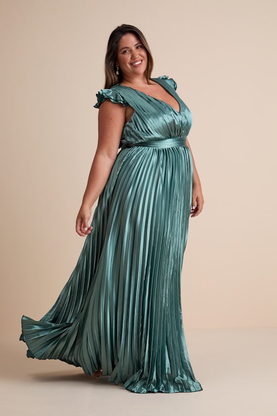 Exceptional Drama Sage Green Satin Lace-Up Pleated Maxi Dress