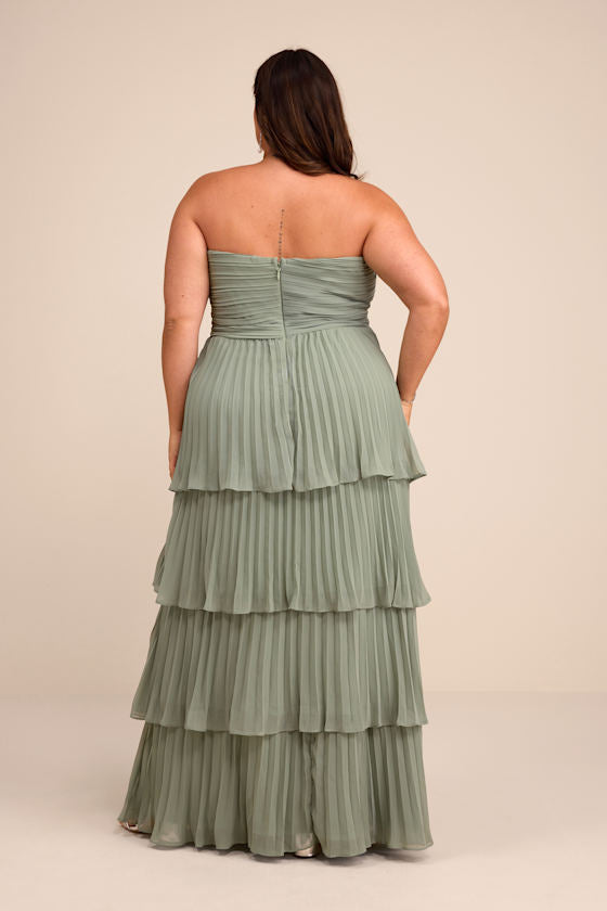 Seriously Sensational Sage Brush Strapless Tiered Maxi Dress
