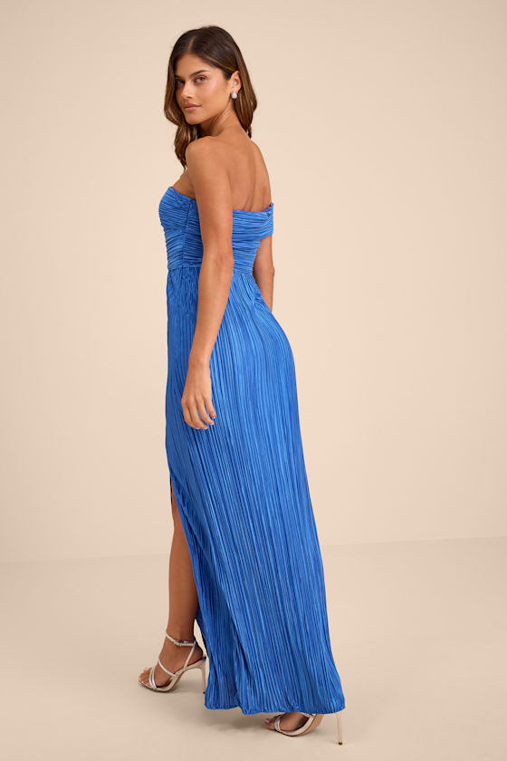 Poised Performance Blue Plisse One-Shoulder Maxi Dress